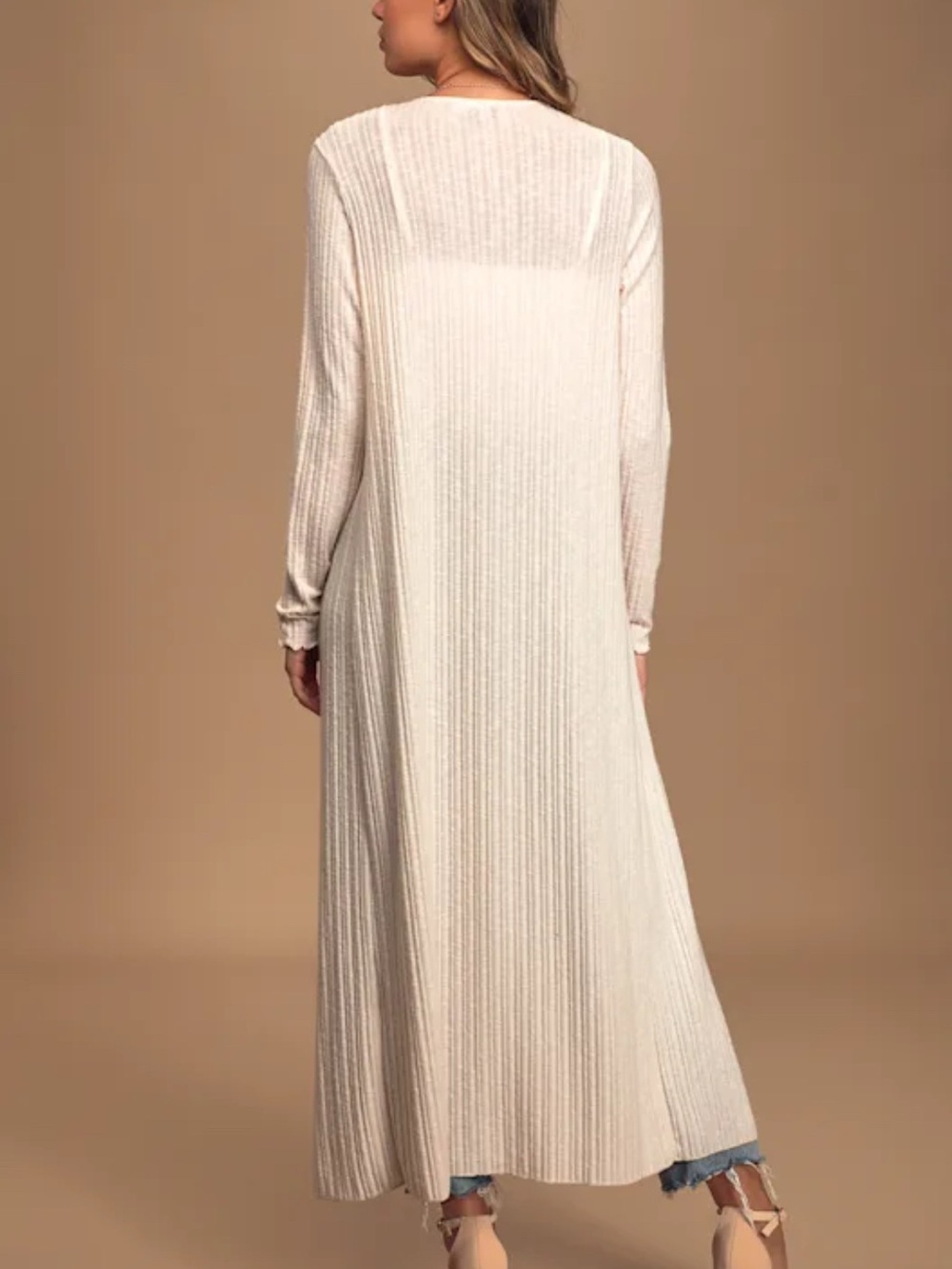 Lulu's Cream Long Open-Front Ribbed Duster Cardigan - Picture 3 of 7